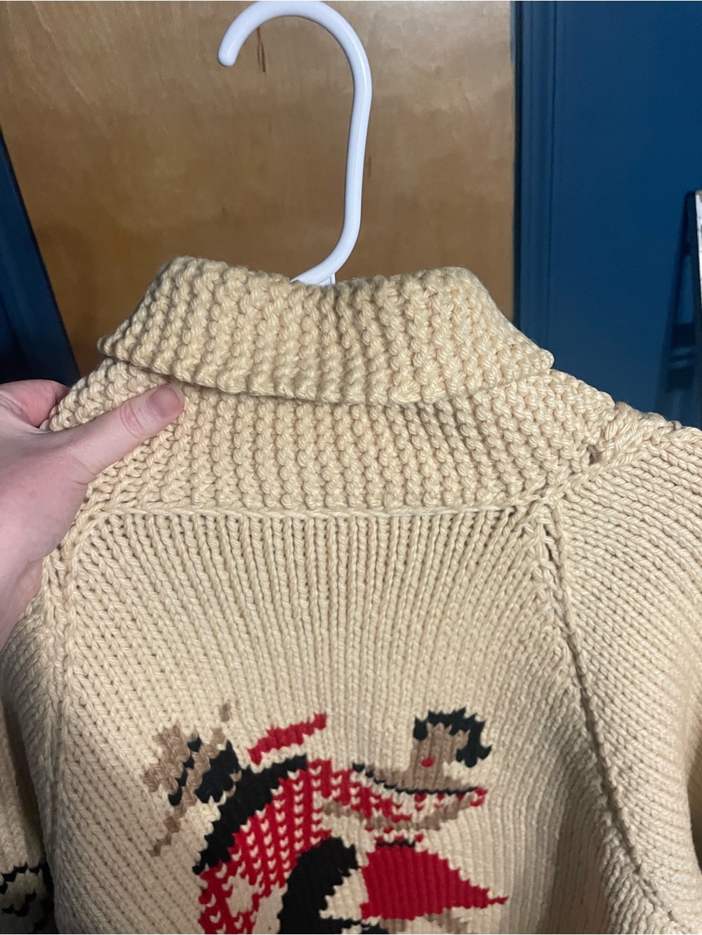 VINTAGE HANDMADE Knit Zip Cardigan with Dancing Couples and Red Accents - Picture 7 of 8